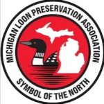 Circle, with Black font, Red center with white outline of MI map and a white/black loon to it's left