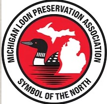 Circle, with Black font, Red center with white outline of MI map and a white/black loon to it's left