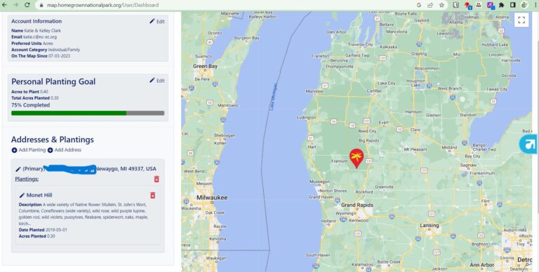 Image of a map of MI with Homegrown National Park description of Clark "Monet Hill" Newaygo, MI.