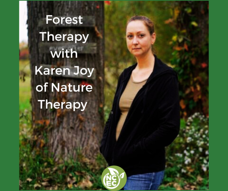 Image of Karen Joy, ANFT Certified Forest Therapy Guide, standing in the woods.