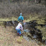 Man wearing waders and young girl wearing winter coat and knee high rain boots monitoring vernal pool