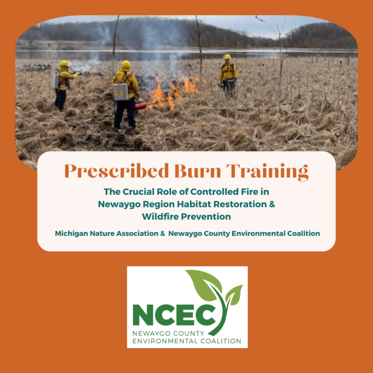 Image of volunteers participatining in a field prescribed burn, burnt orange background with font in black & burnt orange & NCEC logo