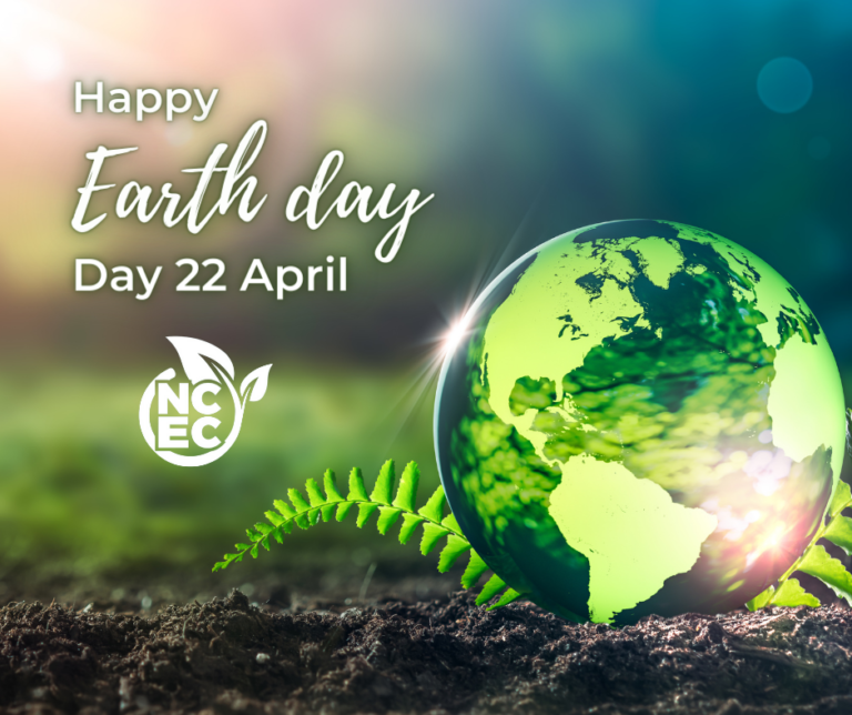 Glowing, translusant image of earth on forest floor, text in white